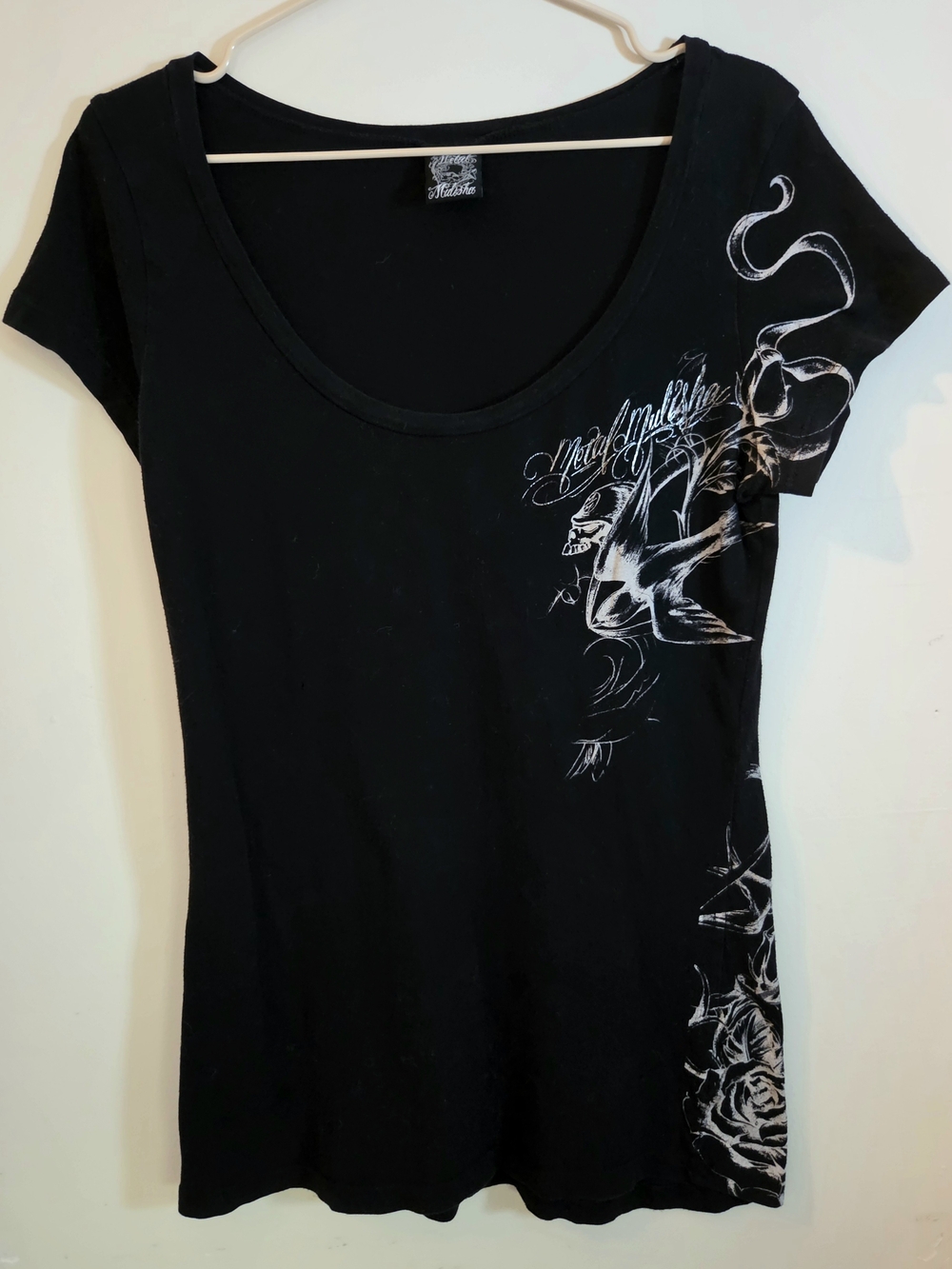 Y2k Metal Mulisha Top - Sparrow, Skull And Roses, Silver Scroll - Grunge Alt Emo